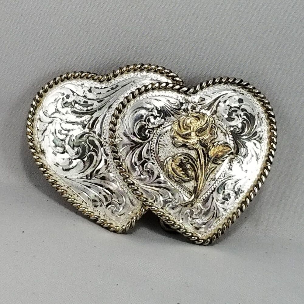 Vintage Montana Silversmiths Double Heart Belt Buckle, Silver Plate Floral Rose